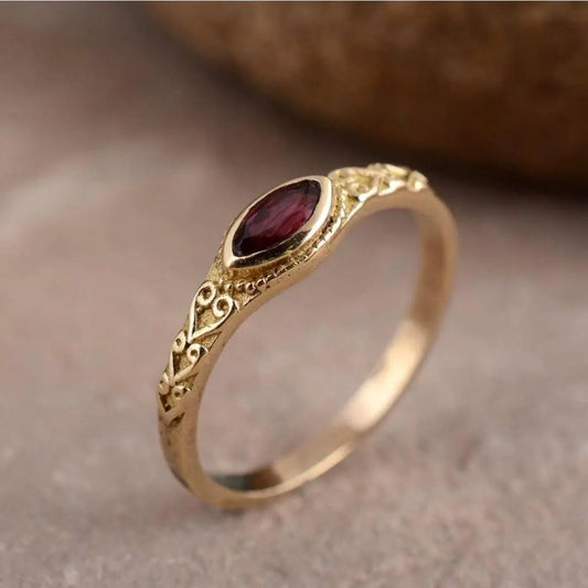 Golden Vintage Ring with Red Crystal- Mialla Jewelry