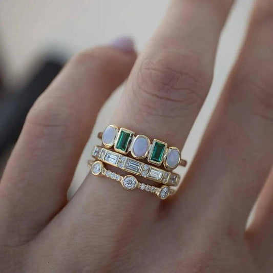 Vintage rings with white and green opal- Mialla Jewelry