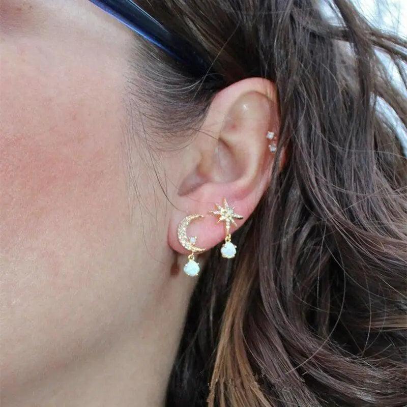 Moon and Star Earrings made of Gold and Opal- Mialla Jewelry