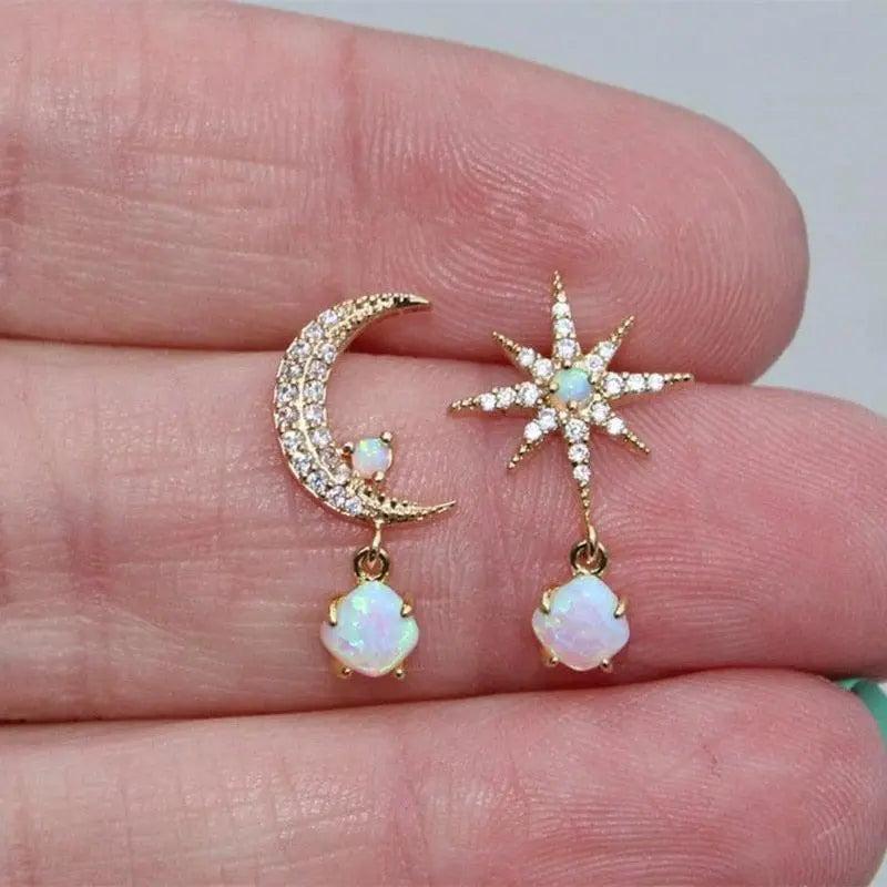 Moon and Star Earrings made of Gold and Opal- Mialla Jewelry