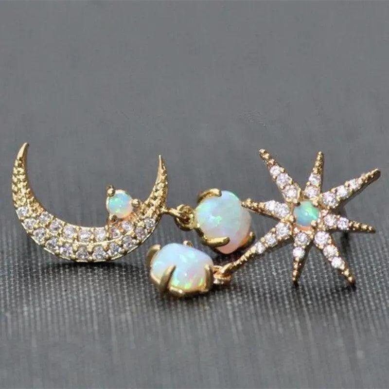 Moon and Star Earrings made of Gold and Opal- Mialla Jewelry
