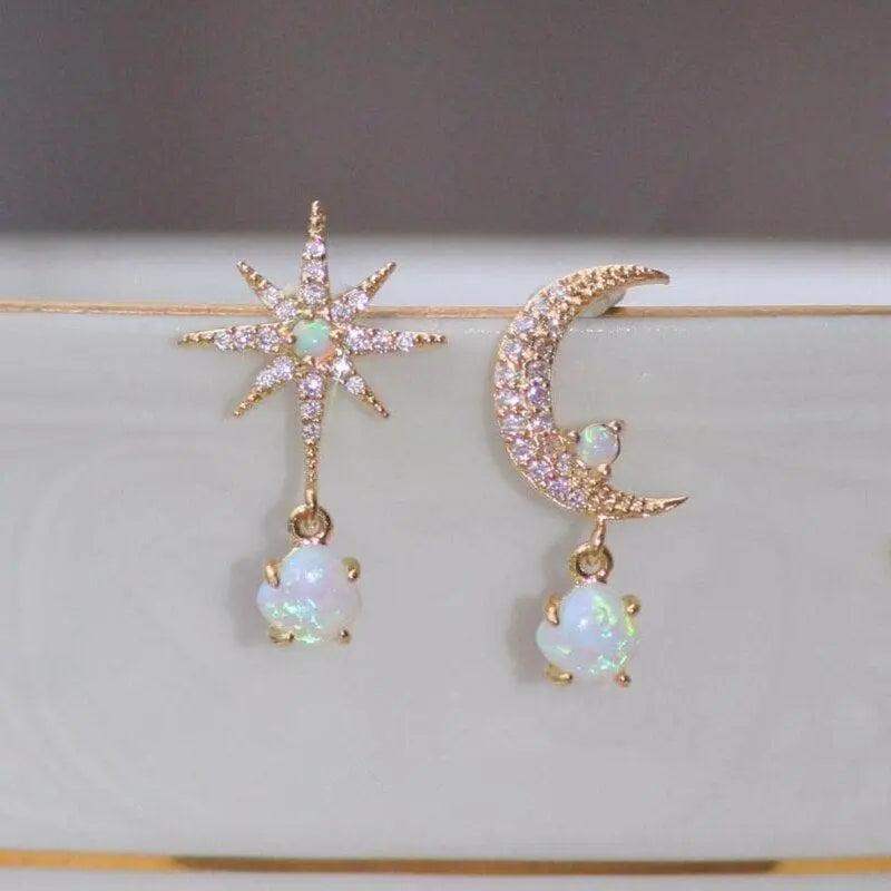 Moon and Star Earrings made of Gold and Opal- Mialla Jewelry