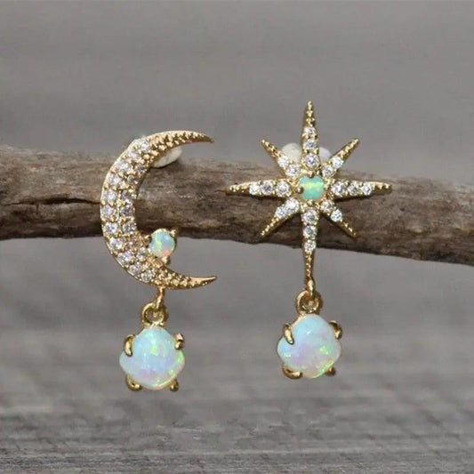 Moon and Star Earrings made of Gold and Opal- Mialla Jewelry