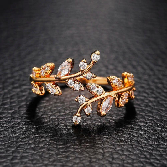 Gold Sparkling Leaf Branch Adjustable Ring- Mialla Jewelry